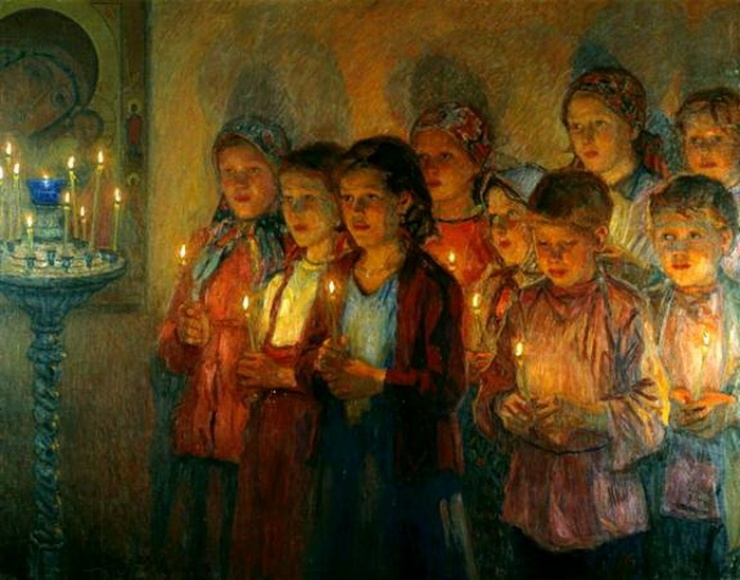 В церкви. Н.П.Богданов-Бельский 1933 г.